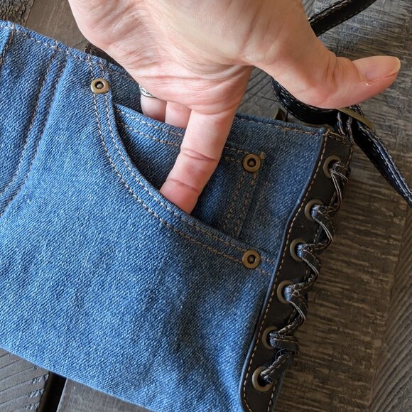 Vintage Denim and Leather Y2K Mini Shoulder Bag Purse Pockets Ties - Picture 5 of 7